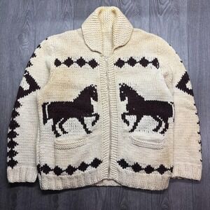 Vtg 60s Double Horse Cowichan Sweater XL Zip Knit Diamond Print Pockets Western